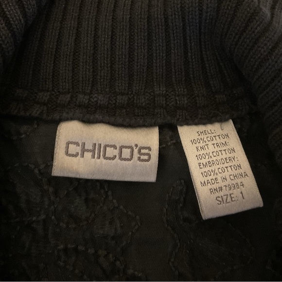 Chico’s Women’s Black Textured Denim Body With Sweater Sleeves Jacket.  Sz 1 (8) - Picture 4 of 5
